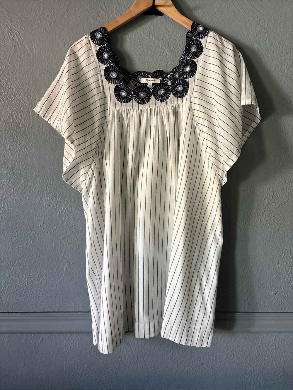 Madewell Embroidered Pinstripe Tunic Mini Dress White Navy Size S